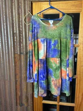 BiBi Tie-Dye Dress in Green, Blue & Orange Hues, Size L